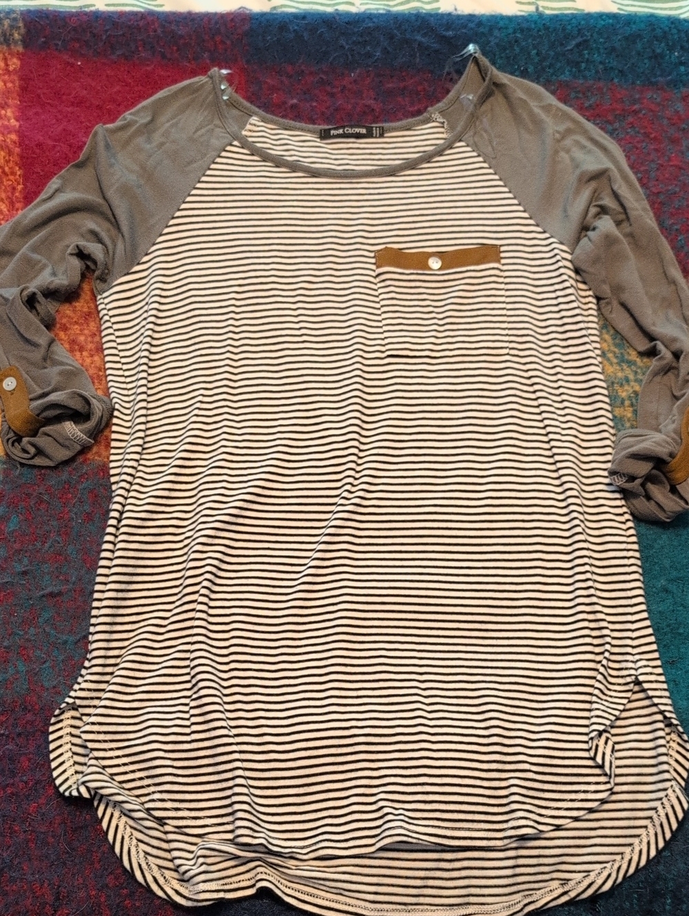 Pink Clover Black-and-White Striped Raglan Top with Brown Accent